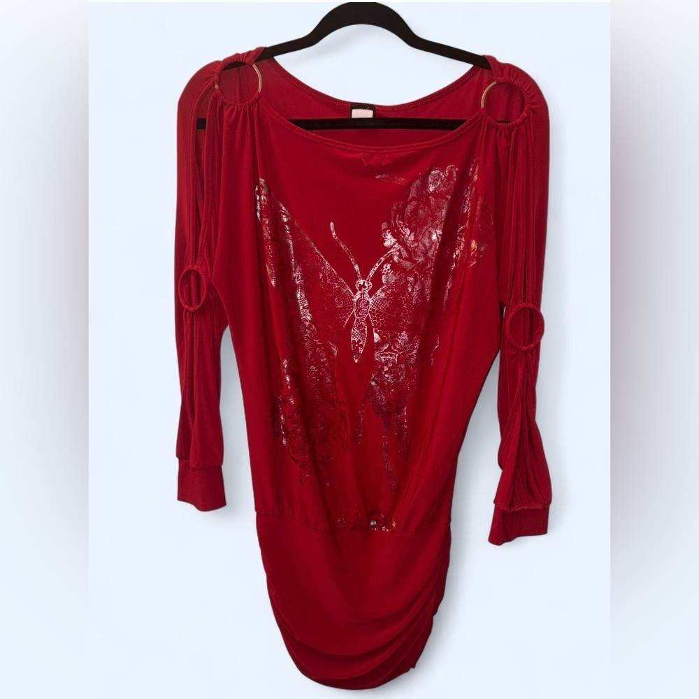 Y2K Red Metallic Butterfly 🦋 Tunic Top Cutout Sleeve Ring Detail - L